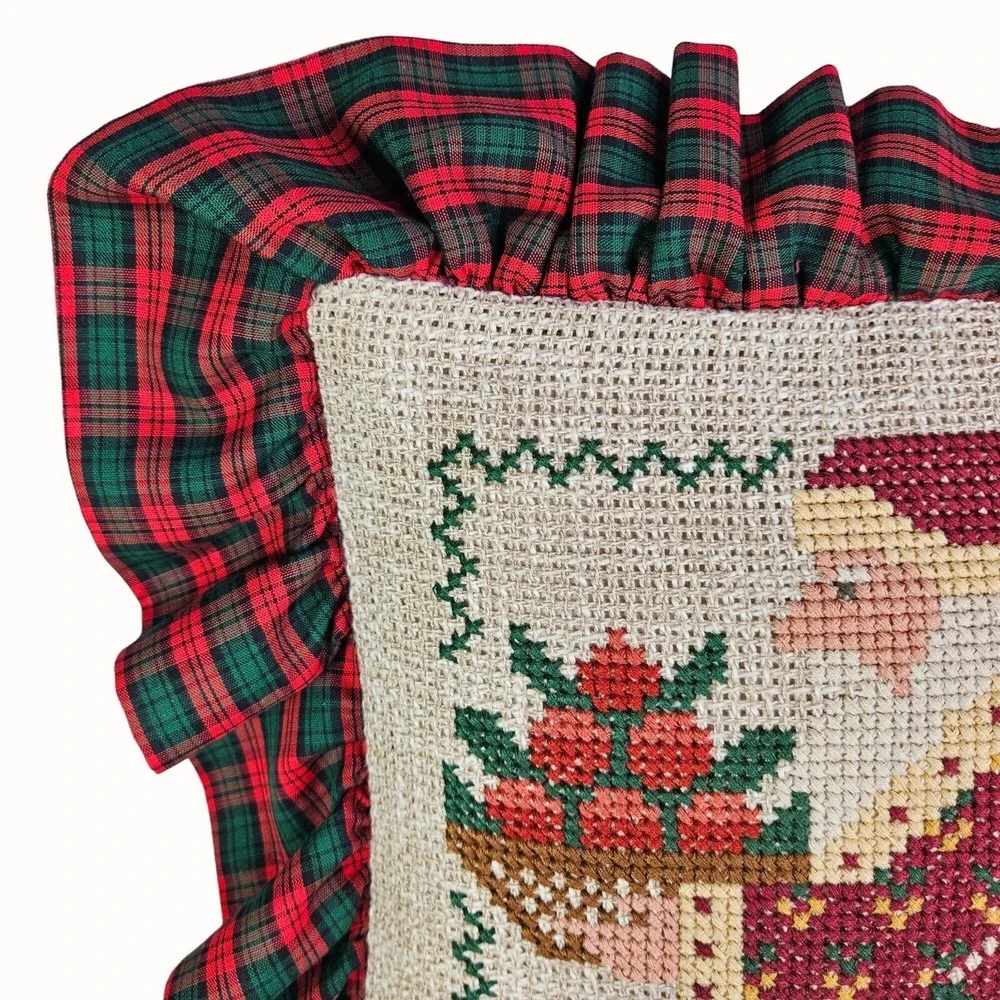 Prairie Schooler Santa 1991 Cross Stitch COMPLETED Pillow Christmas Stitching